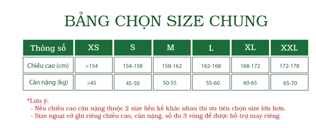 Bảng size áo gió đồng phục size chung cả nam và nữ