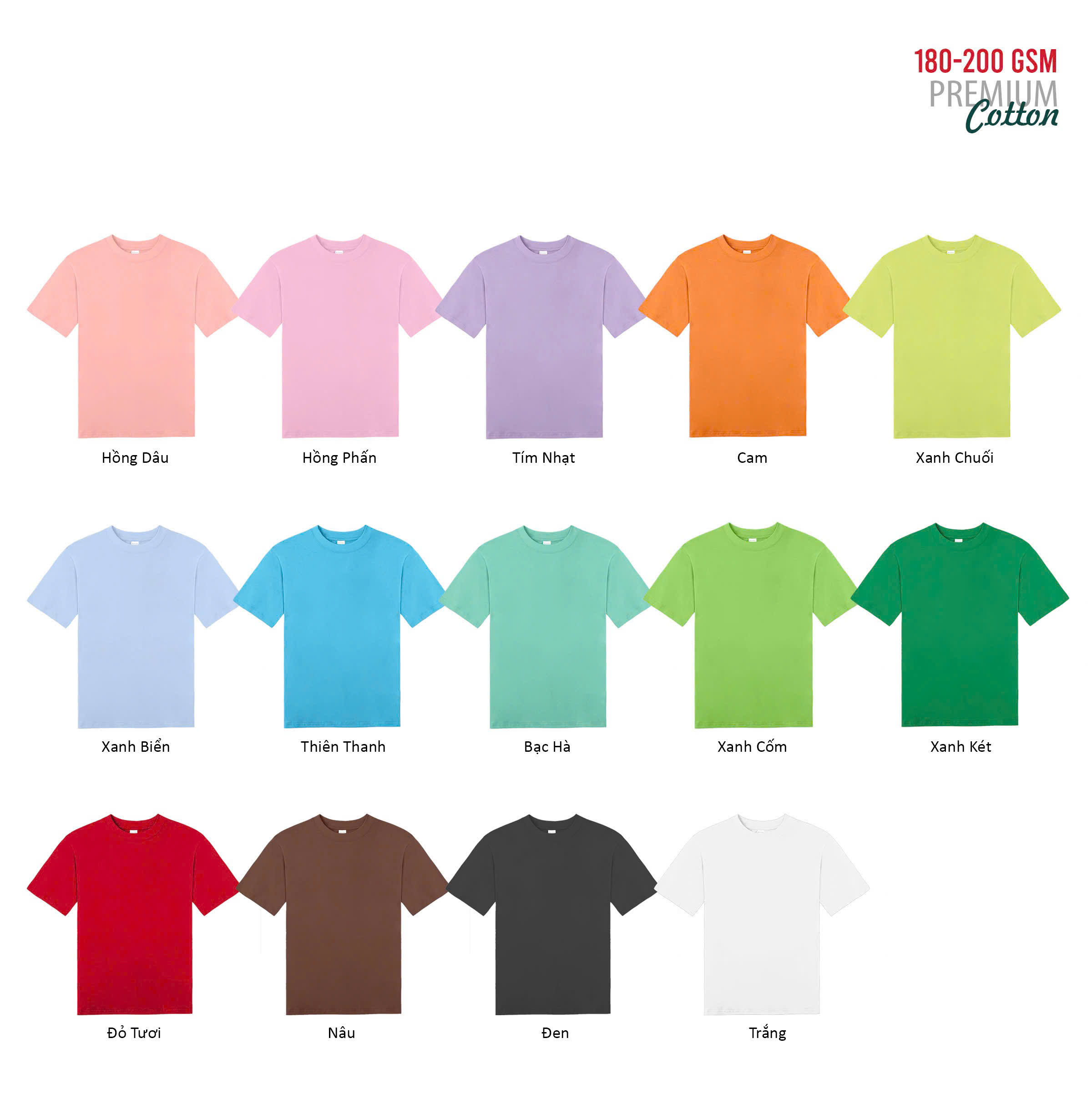 Bảng màu áo thun cổ tròn 100% cotton 190gsm
